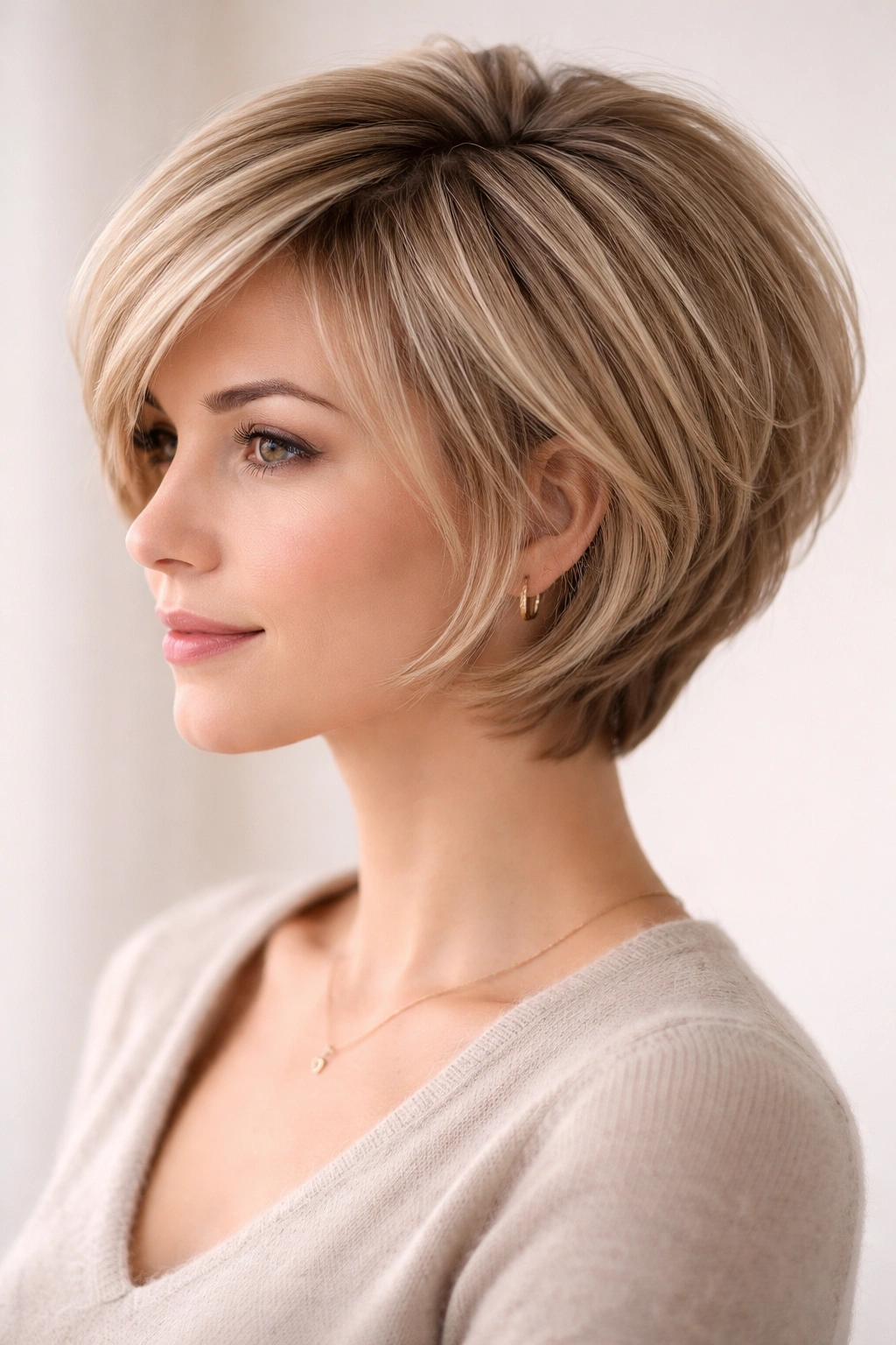 Close-up of Soft Layered Stacked Bob for Fine Hair showing subtle layers and lifted crown.