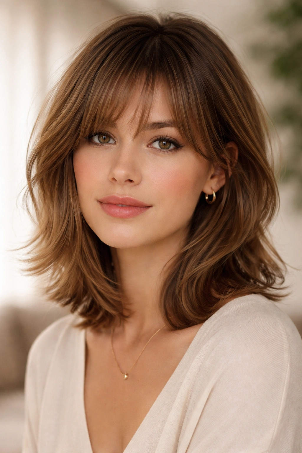 Portrait of soft layered hair with blended bangs