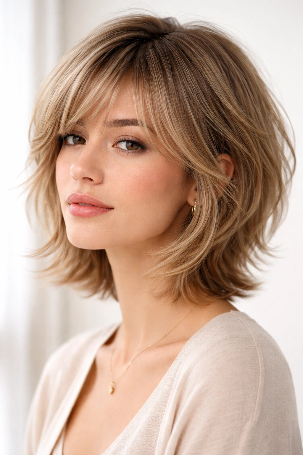 Soft layers with feathered bangs hairstyle on model; fluttery bangs blend into soft layered hair.