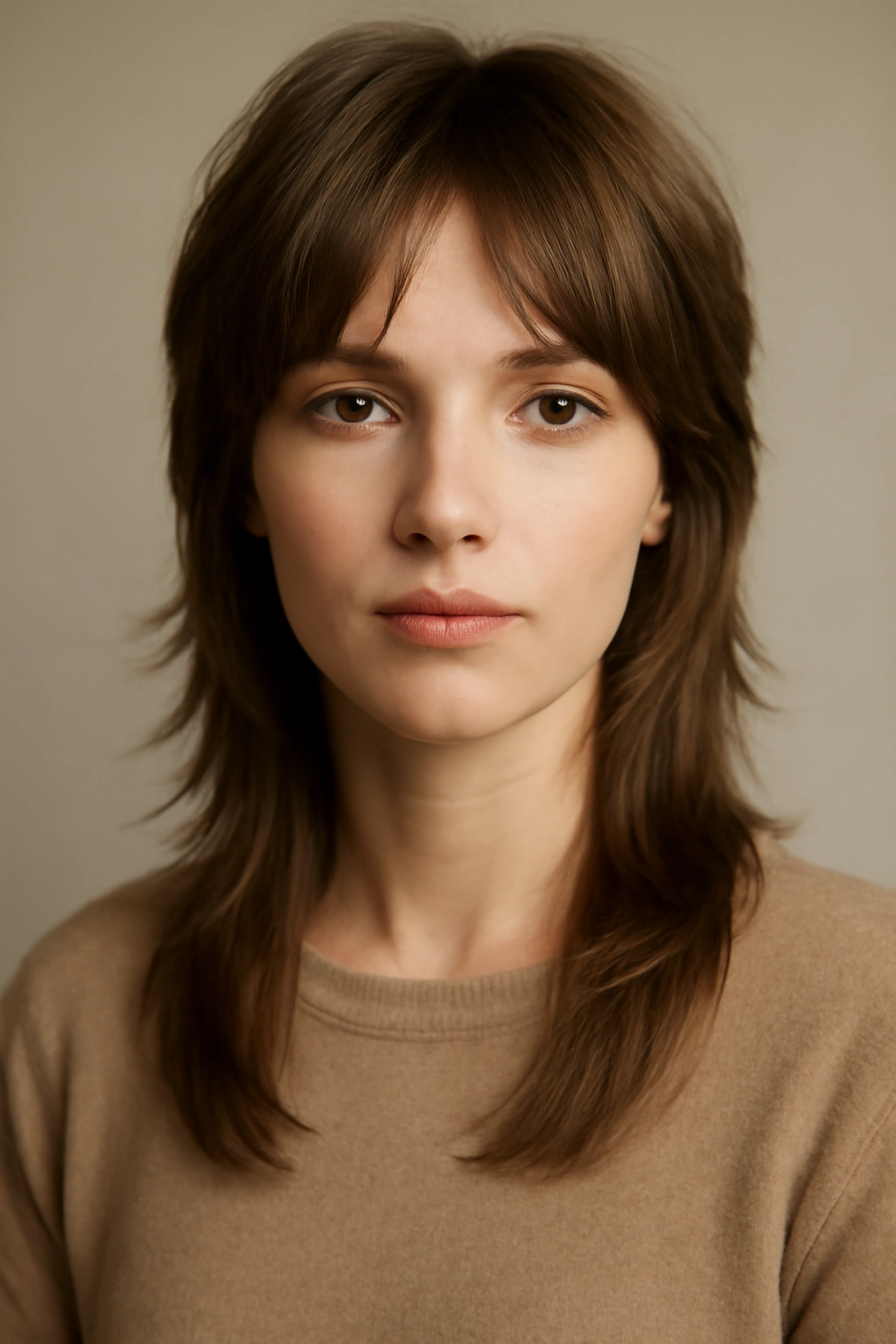 25 Mullet Haircuts for Women You'll Actually Love 19 Portrait of a woman with a soft layers mullet showing blended layers and movement in studio lighting
