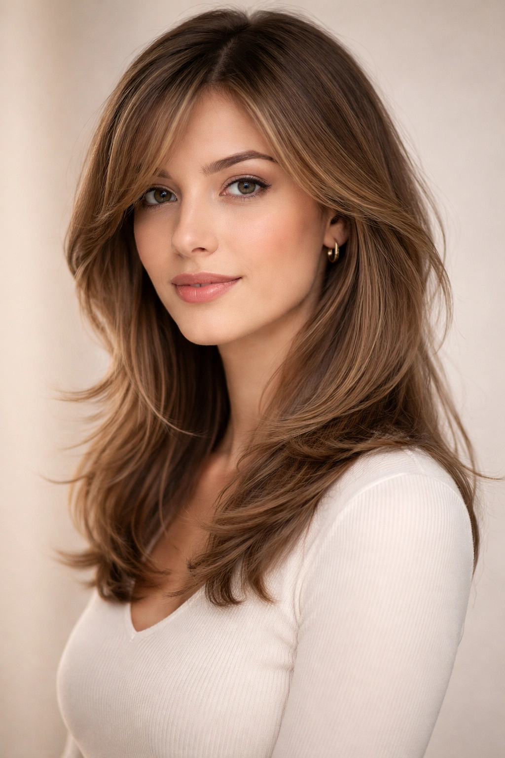 Medium-length hair with soft side-swept layers framing the face