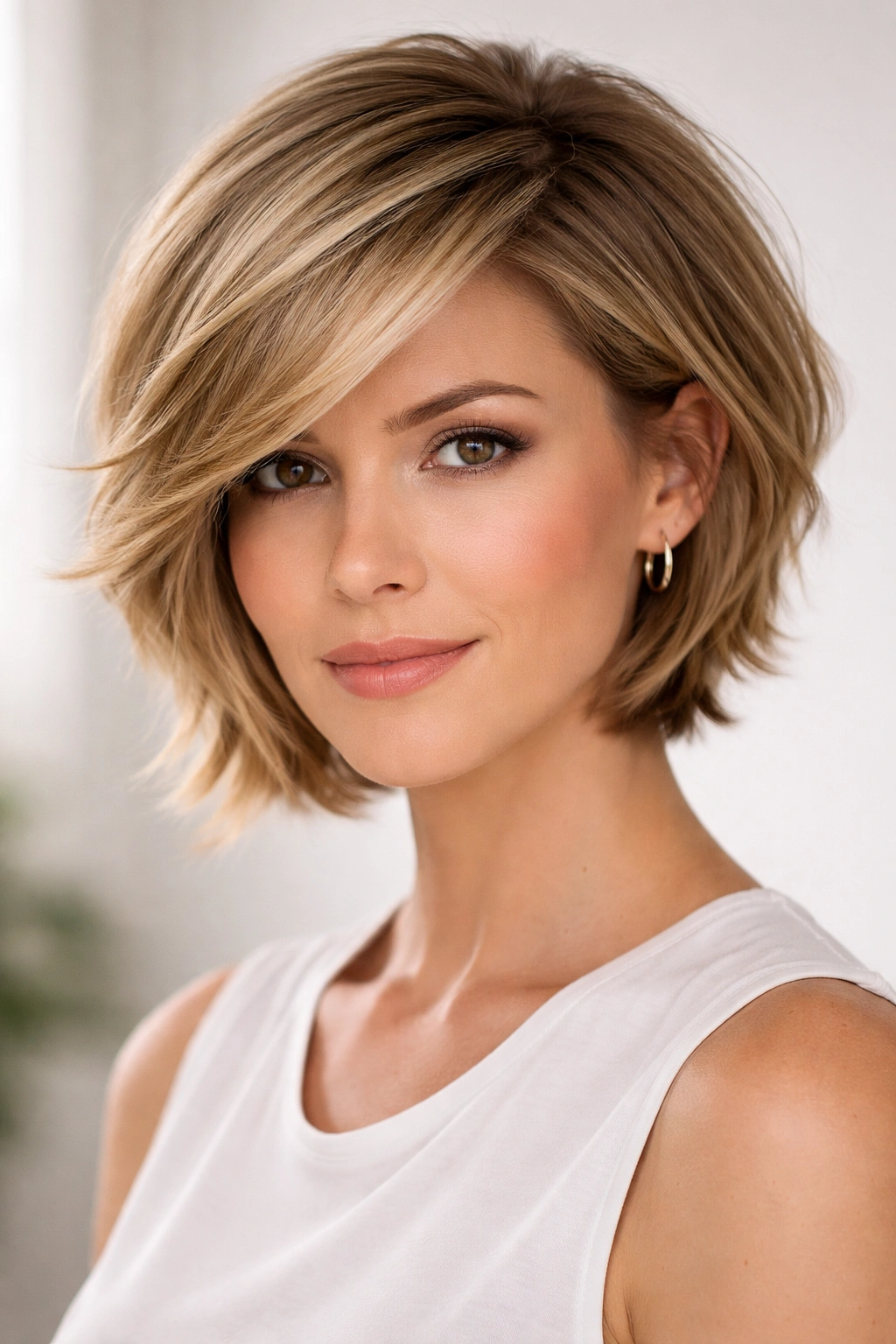 Short haircut with soft layers and a side-swept front framing the face.