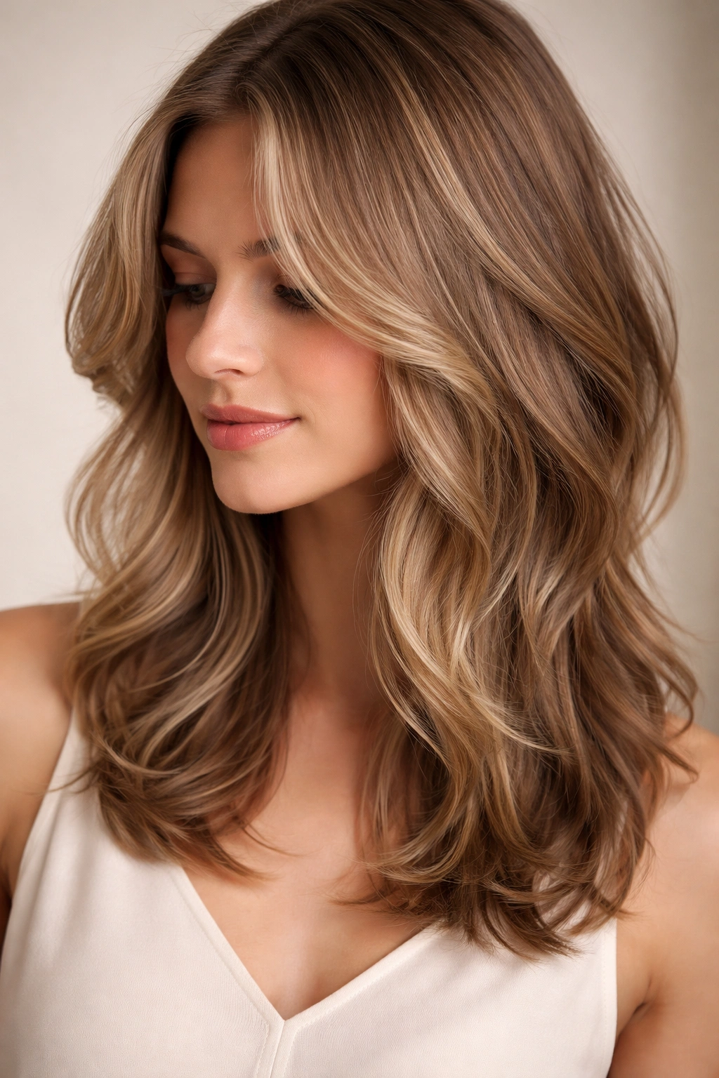 Close-up of medium-length hair with soft layers and gentle waves for a natural textured look