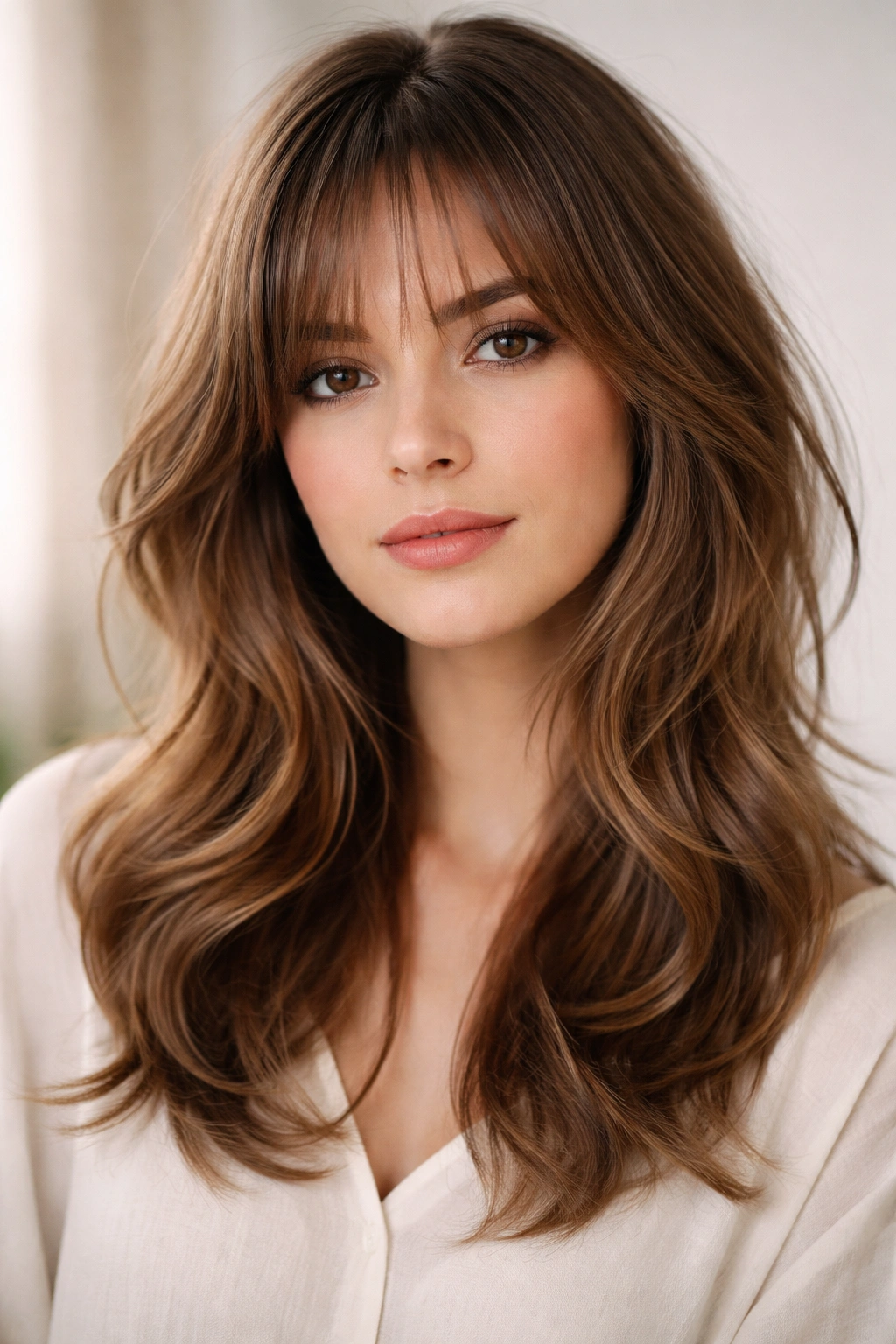 Close-up of medium-length hair with soft feathered layers and wispy bangs in natural light