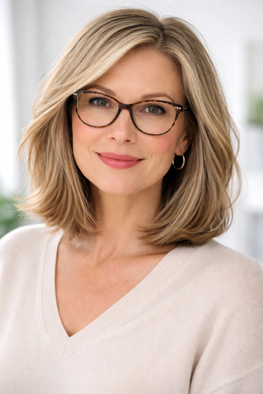 Portrait of a woman with a soft long bob and glasses