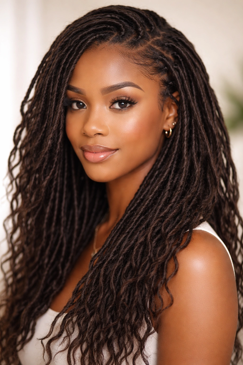Head wearing wrap-based soft locs with yarn-like texture