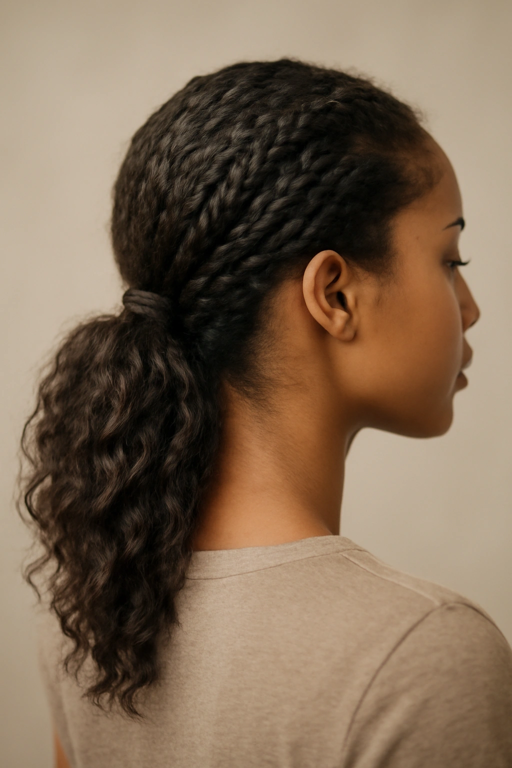 10 Pretty Natural Hair Updos for Special Occasions 3 Soft low pony with layered braids softly loosened for fullness at the nape.