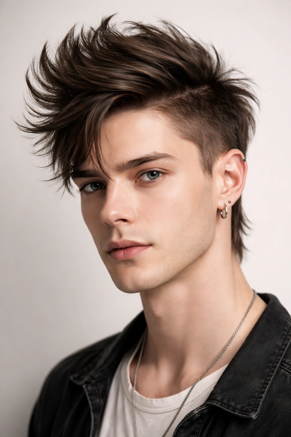 Man with a center ridge mohawk-inspired hairstyle with subtle side lengths.