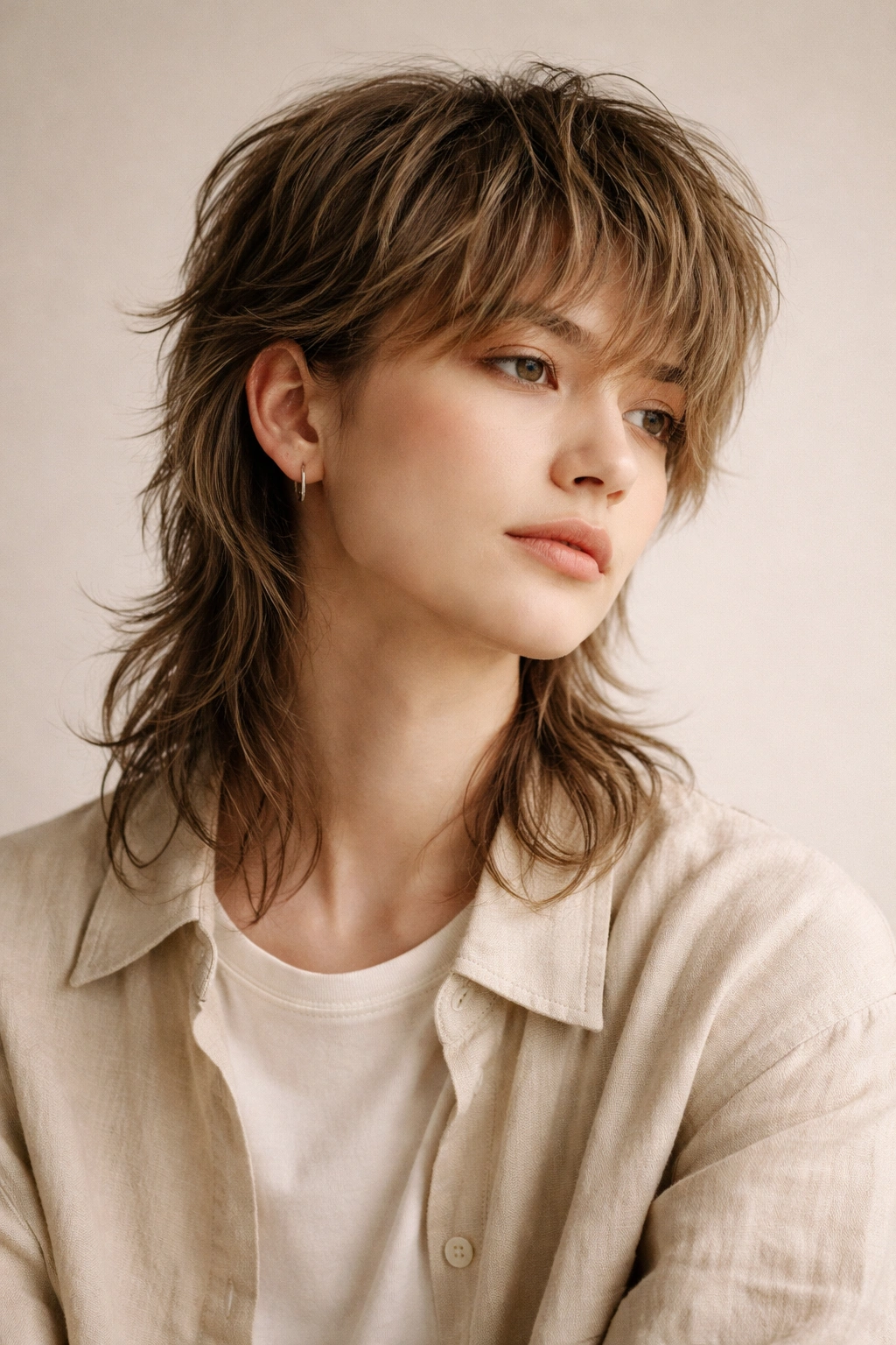 Contemplative portrait of a person with a soft mullet