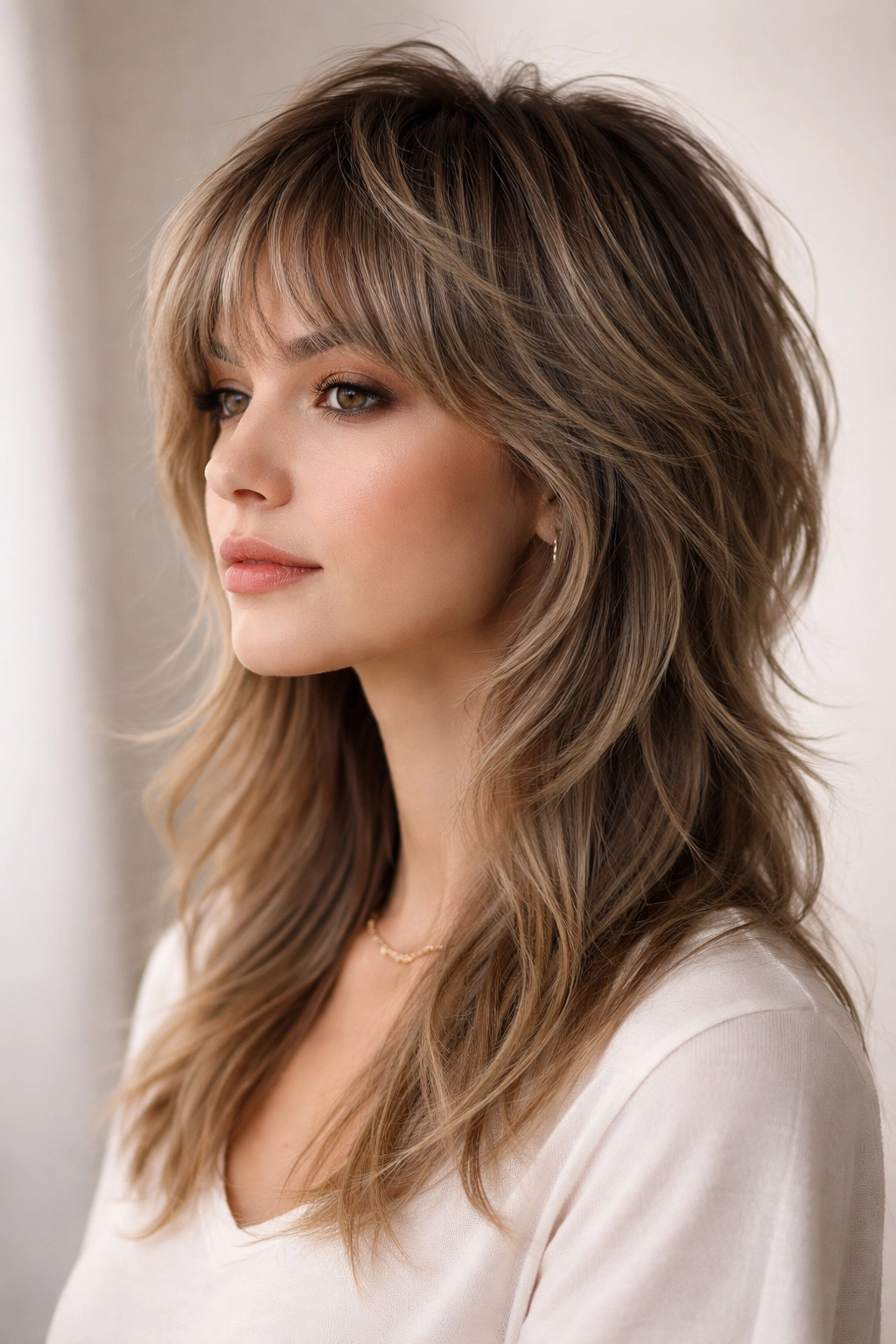 Soft mullet layers with short top and longer back on fine wavy hair