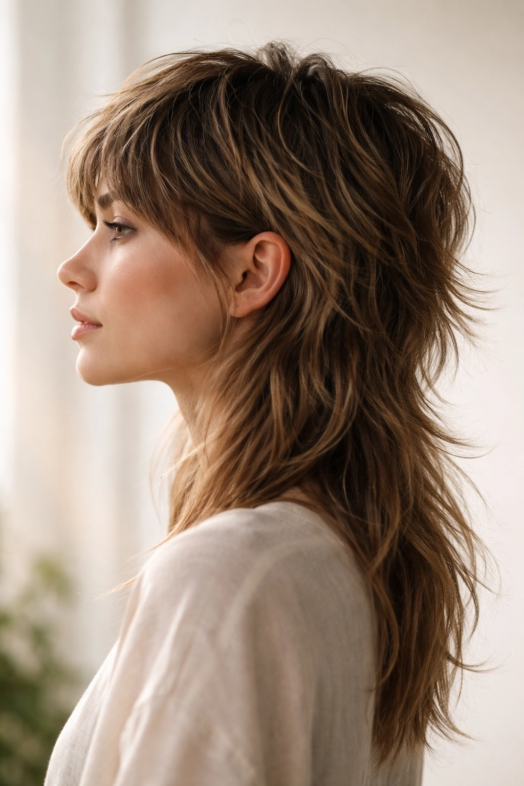 15 Medium Shag Haircuts For Straight Or Wavy Hair 9 Profile view of a soft mullet shag with voluminous top and longer back.
