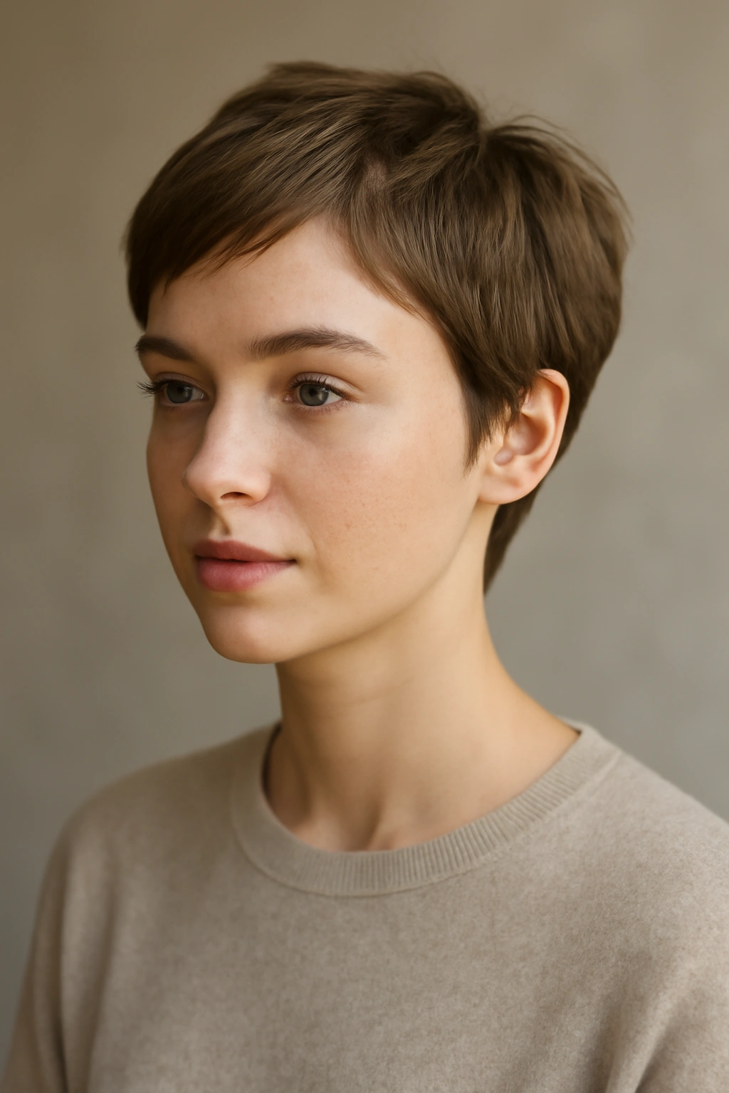 20 Pixie Styles Ranging From Classic To Edgy 20 Close-up portrait of a soft pixie crop with gentle edges and natural texture.
