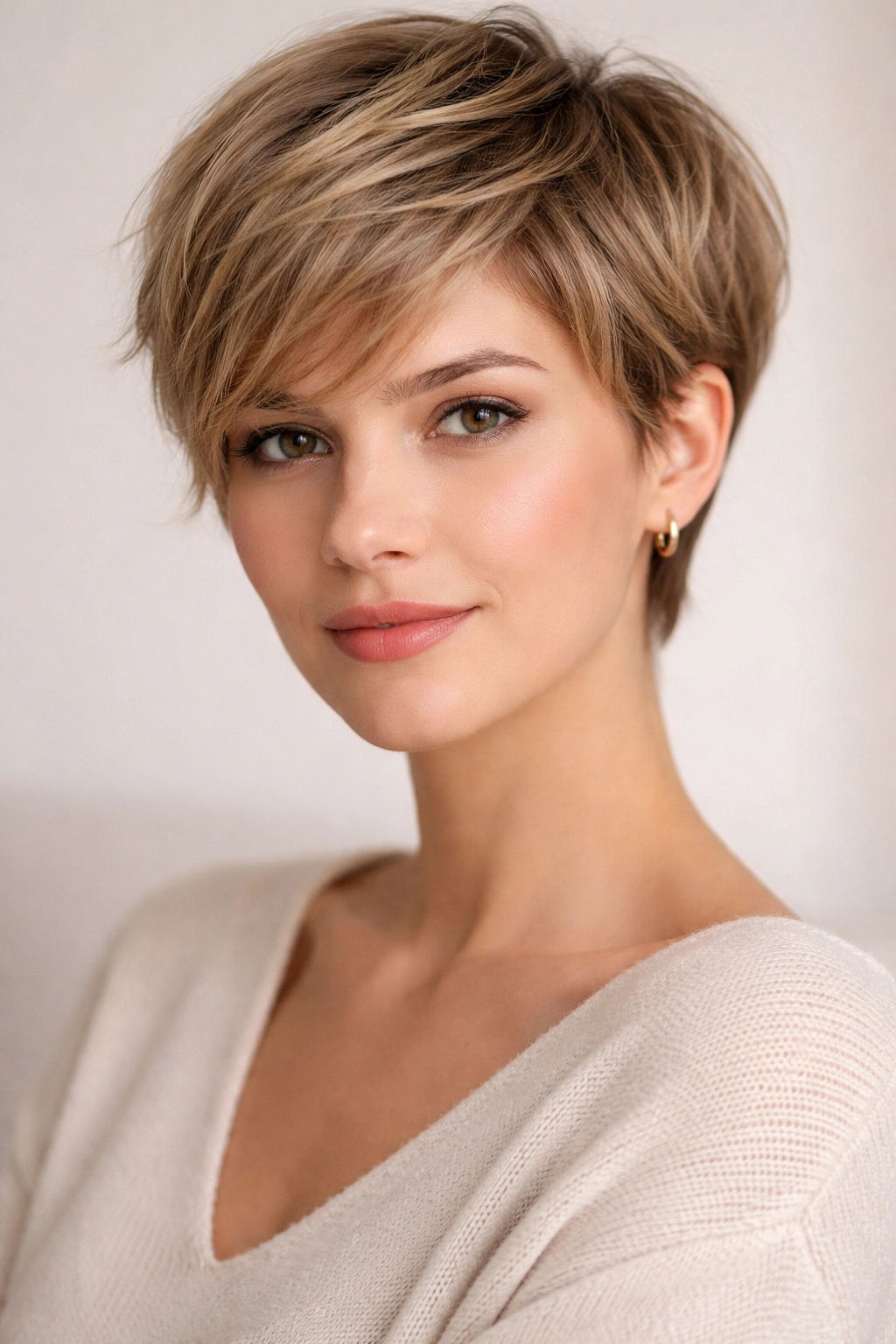 Soft pixie crop with face-framing layers in studio lighting