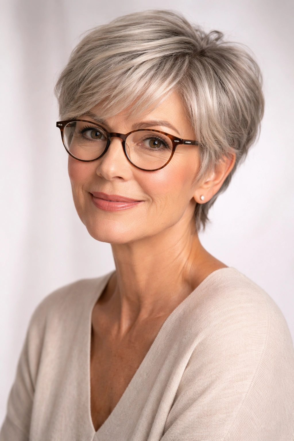 Older woman with soft pixie cut and glasses