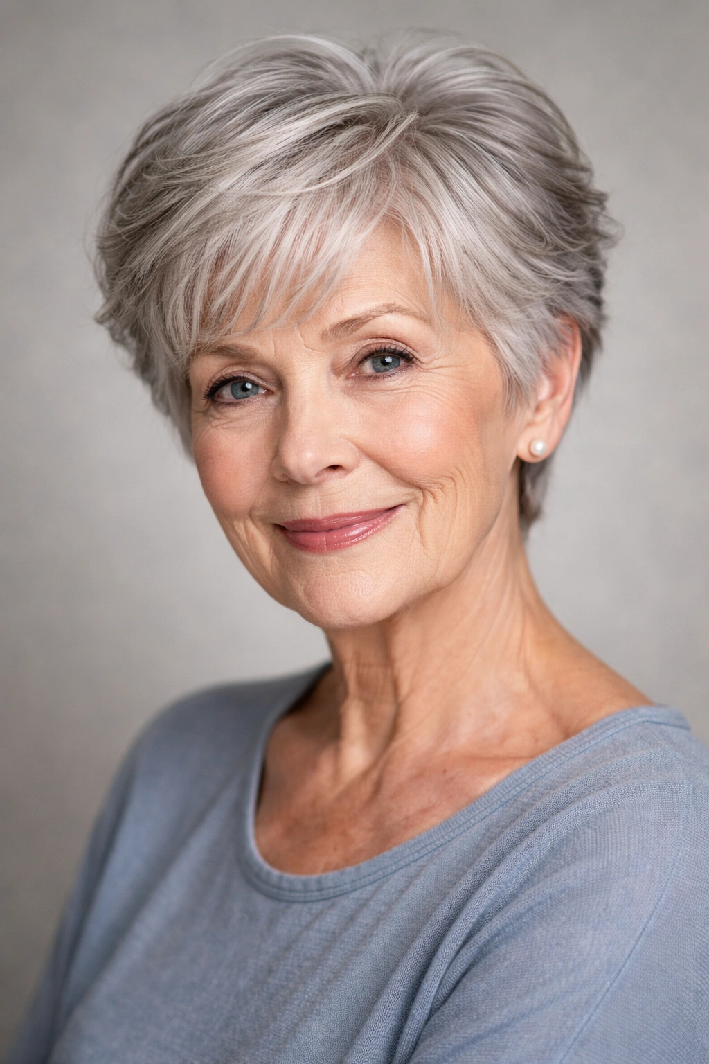 Close-up portrait of an elderly woman with a soft pixie cut featuring feathered layers and silver-gray hair