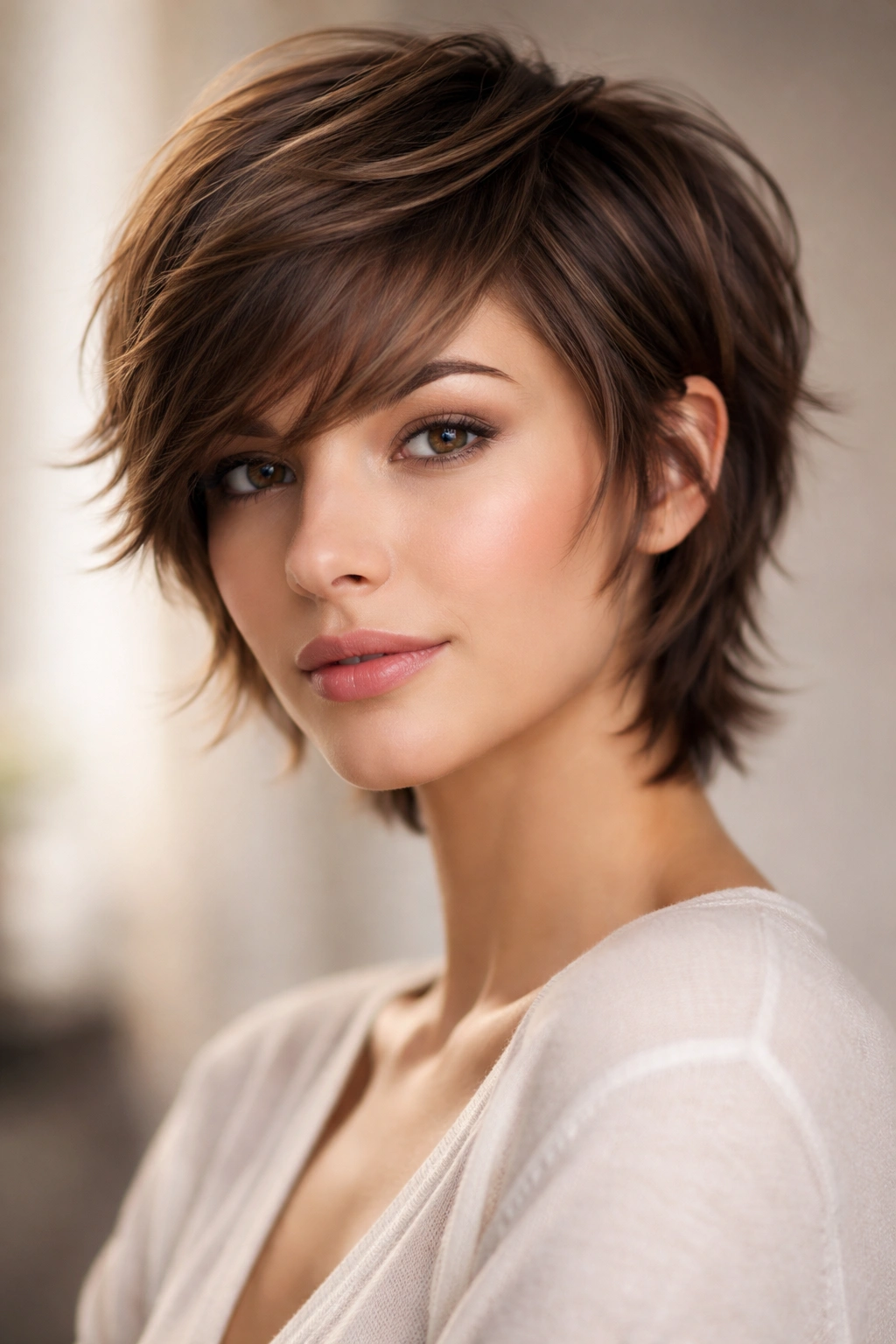 12 Long Pixie Hairstyles From Sleek To Textured 6 Portrait of soft long pixie with feathered layers framing the face.