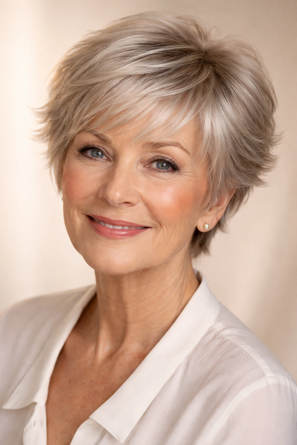 Close-up of a person with a soft pixie and feathered bangs