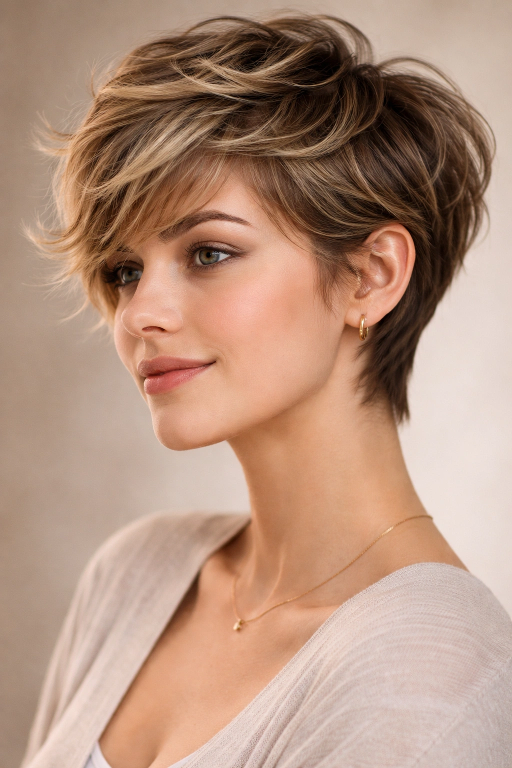 Close-up portrait of a person with a soft pixie cut featuring long feathered layers and soft waves
