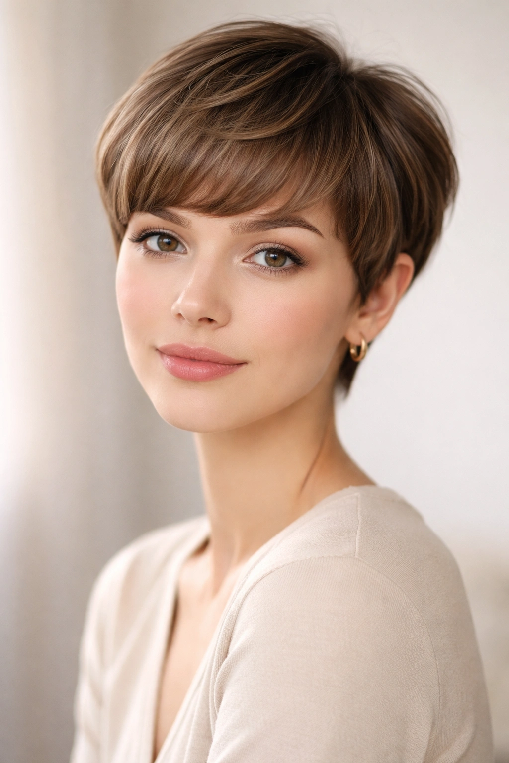18 Pixie Cuts With Bangs For Any Face Shape 14 Close-up of a person with a soft rounded pixie and gentle rounded bangs