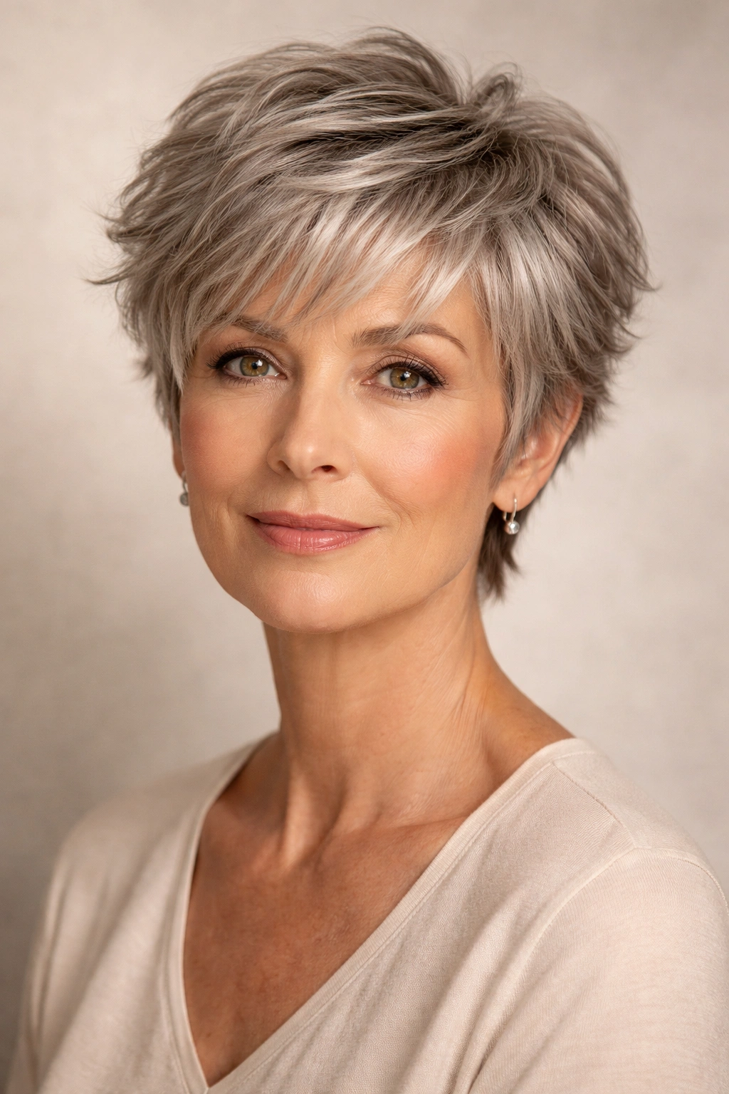 Short soft pixie with textured top and wispy pieces on a 50+ woman