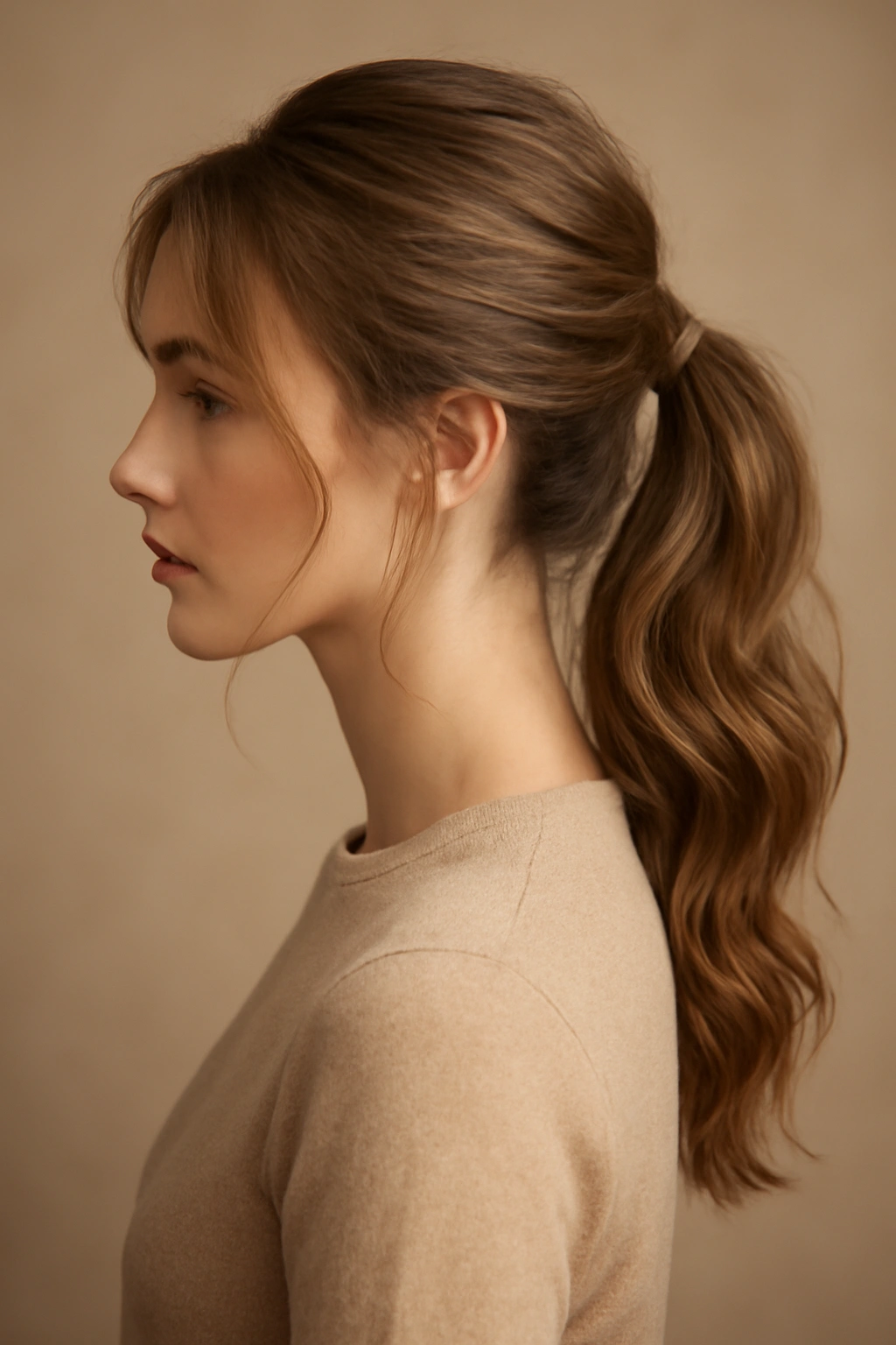 Low ponytail with loose waves and soft, romantic look