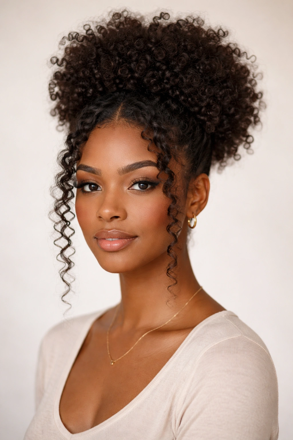 Rounded top puff with face-framing curls framing the face