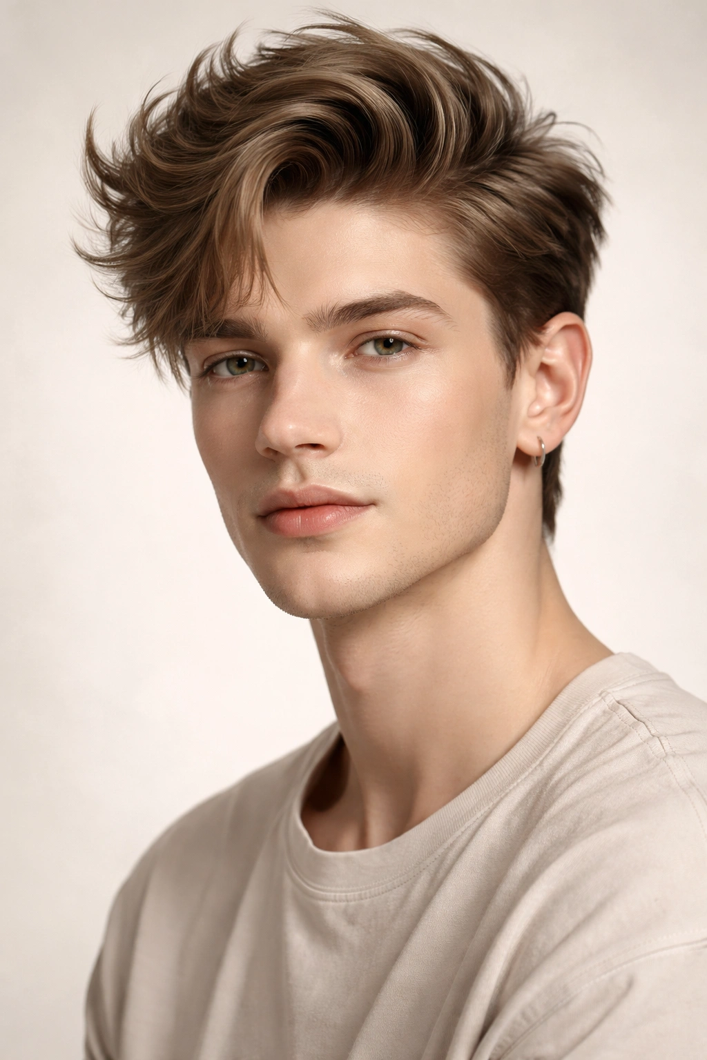 Male model with soft quiff hairstyle and loose texture