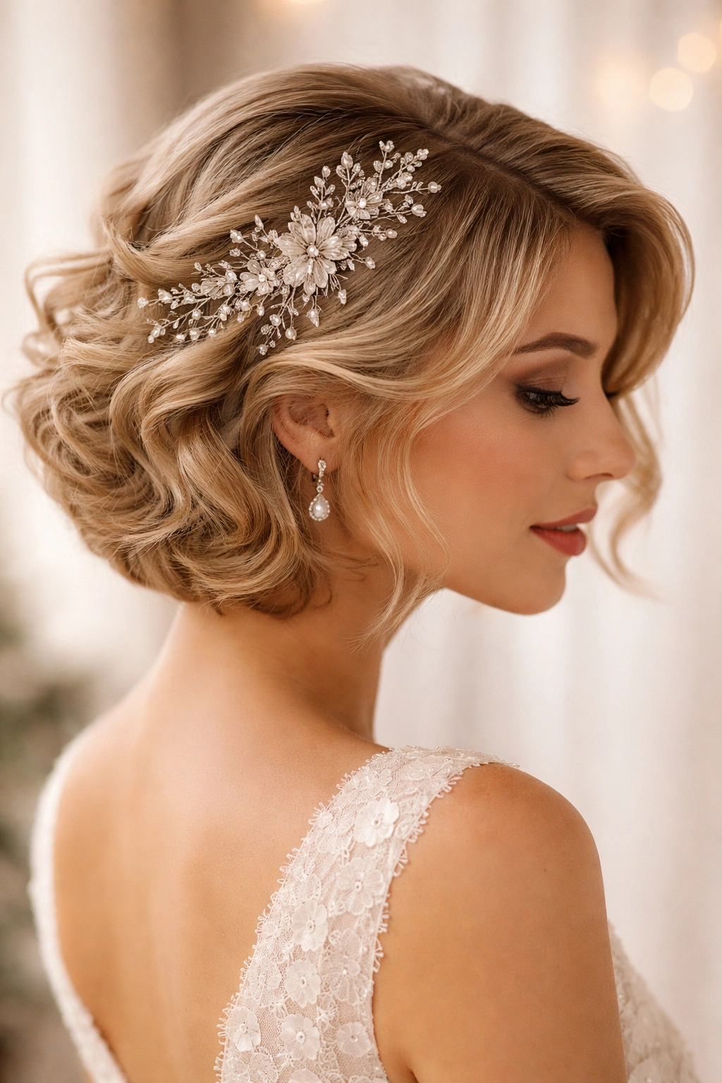 Soft romantic curls on short hair with headpiece
