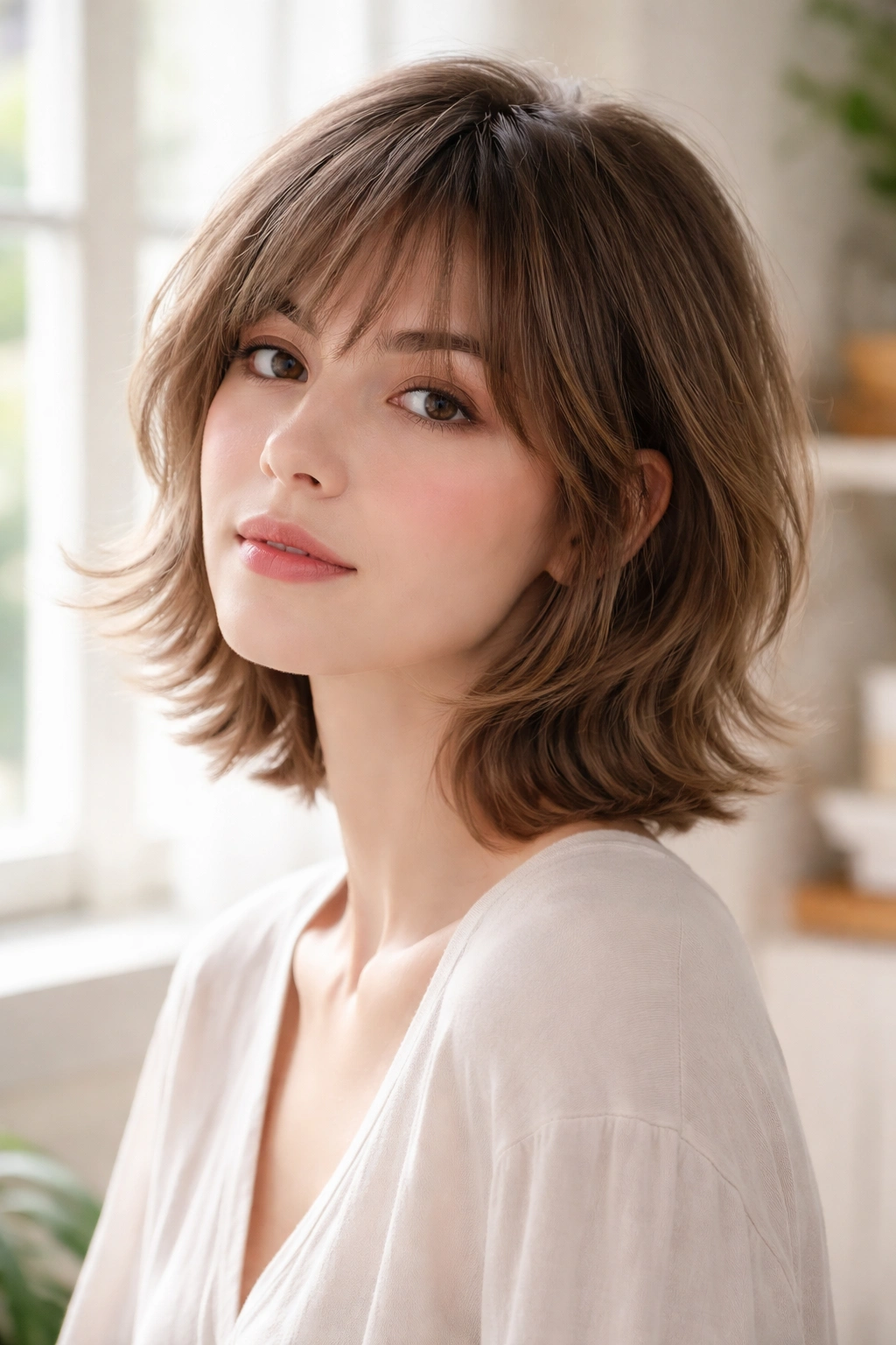 Portrait of a model with a soft, romantic baby cut featuring rounded layers