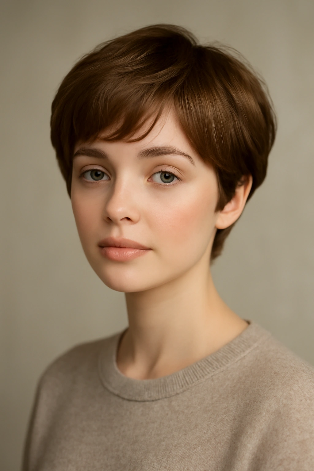 Close-up of a soft feathered pixie with rounded silhouette