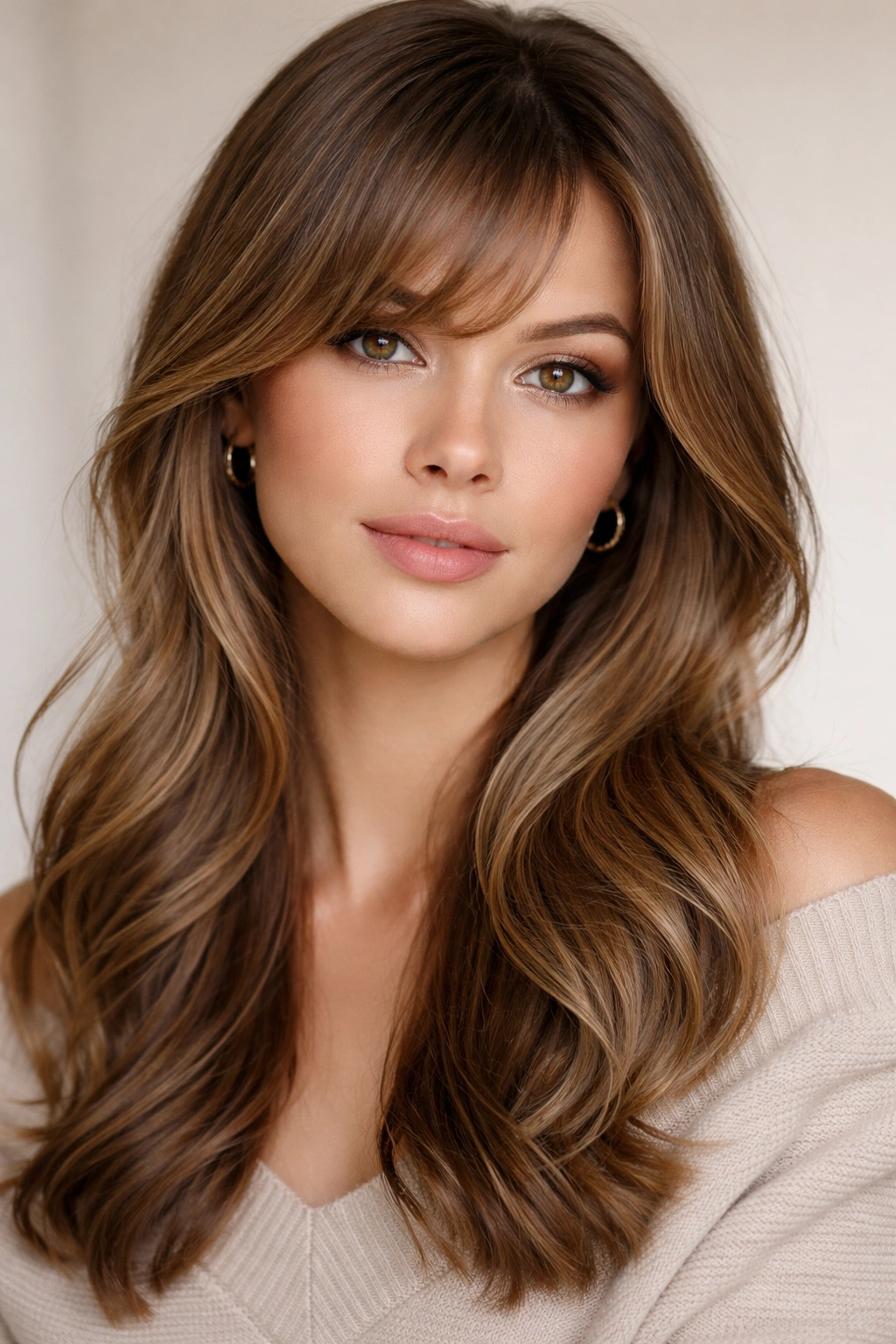 10 Face Framing Bang Styles With A Side Part 8 Close-up of soft rounded bangs with a side part forming a gentle curve.