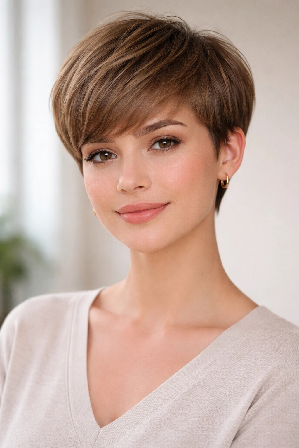 Front view of a model wearing a soft rounded pixie crop with smooth, even length