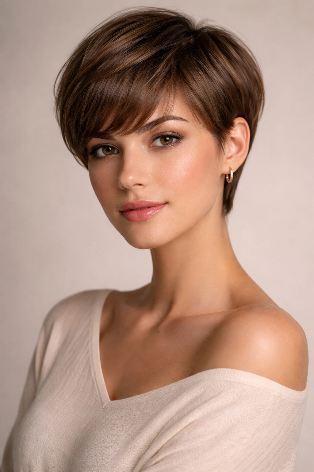 Front view of a soft, rounded pixie with curved bangs