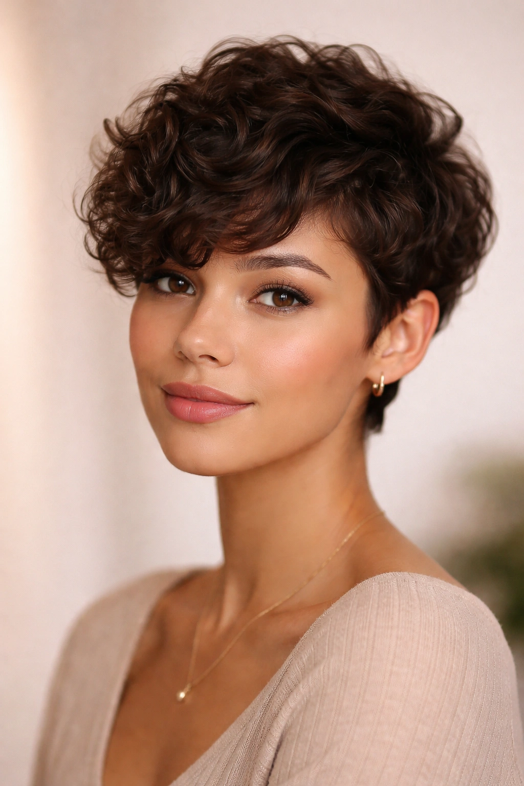 Portrait of a model with a soft rounded pixie and side-swept fringe.