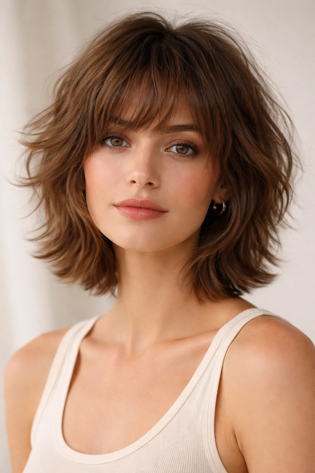 Portrait of a person with a soft shag featuring textured layers and movement