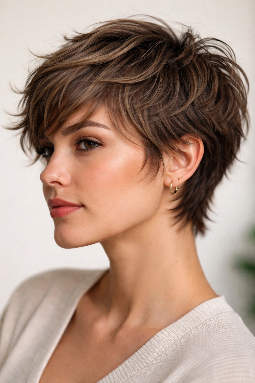 Soft shag pixie with curved layers and defined waves.