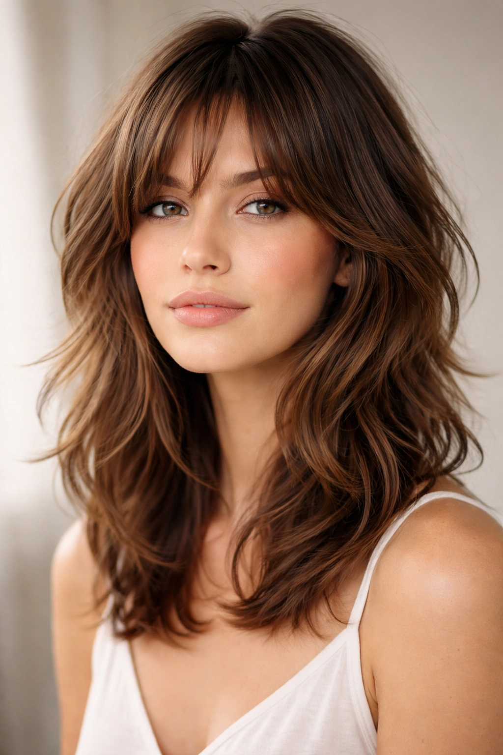 Soft shag textured layers framing cheeks on shoulder-length hair