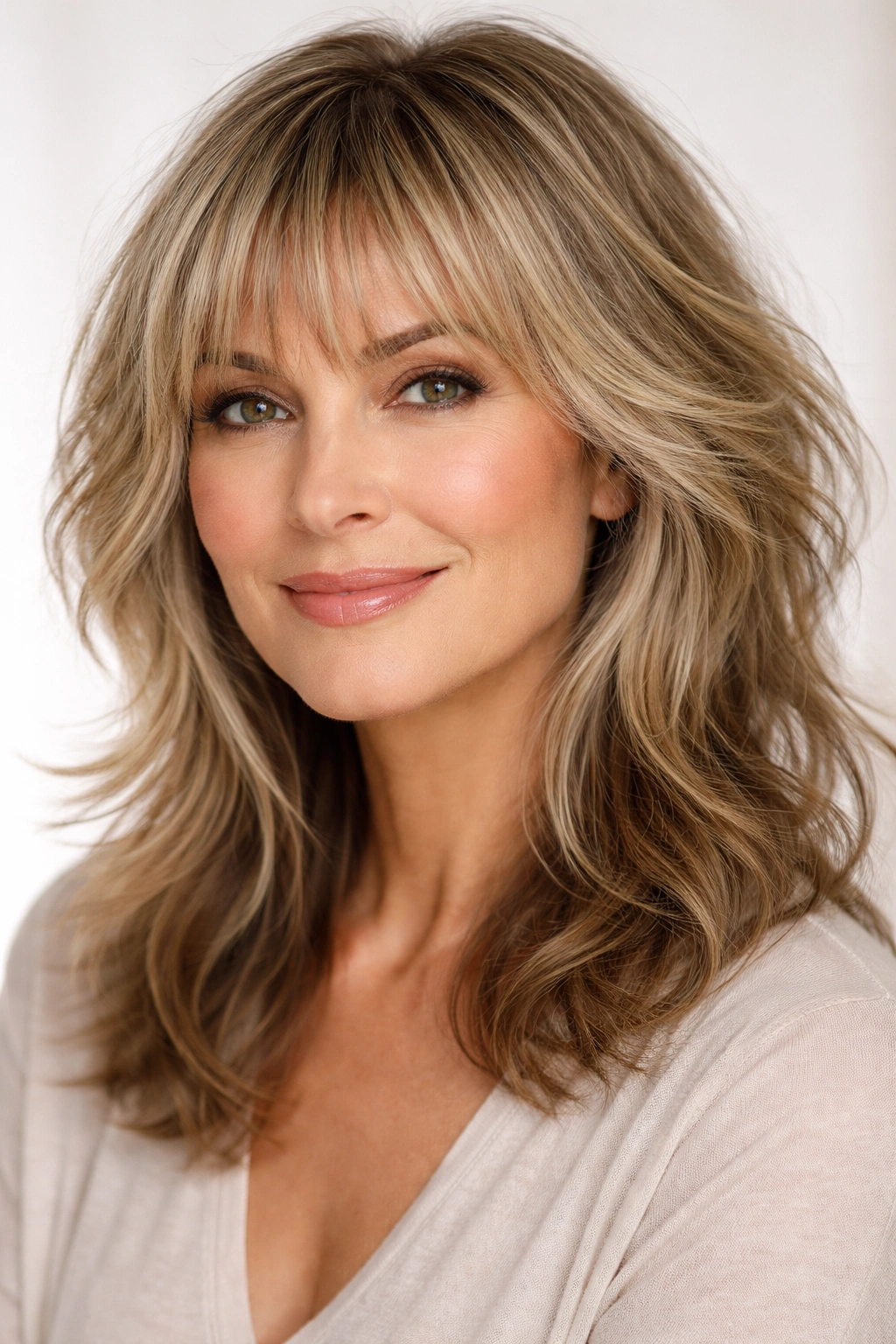 Portrait of a woman with wispy bangs and soft shag layers.