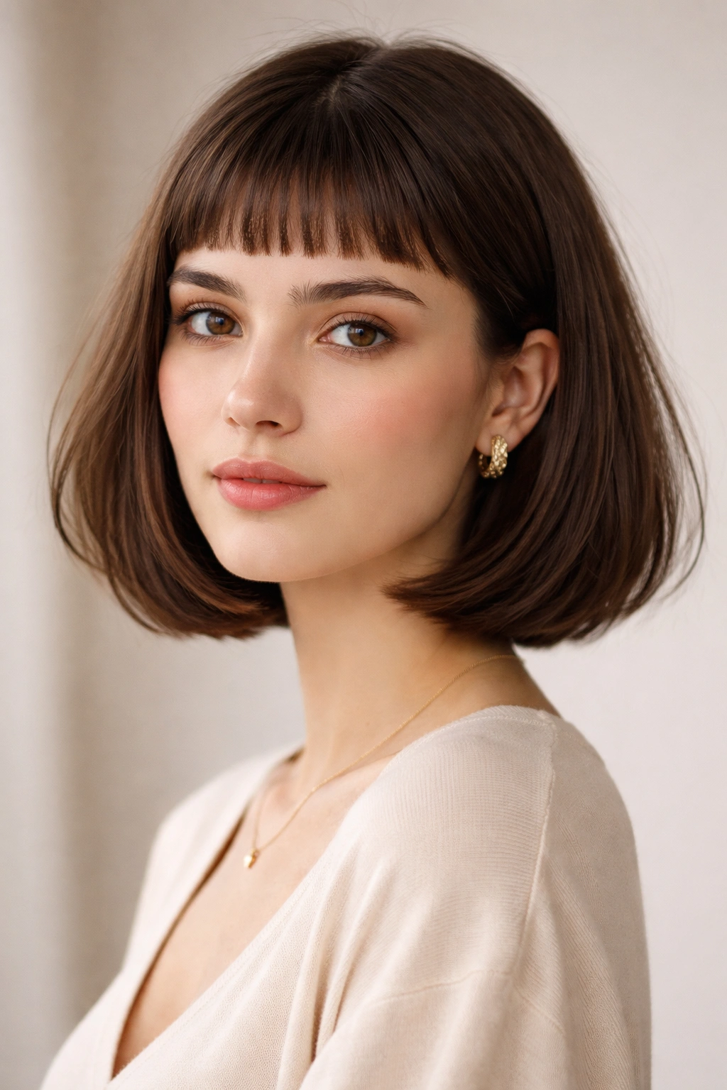 Close-up portrait of a person with a shoulder-length bob and micro bangs against a neutral studio backdrop