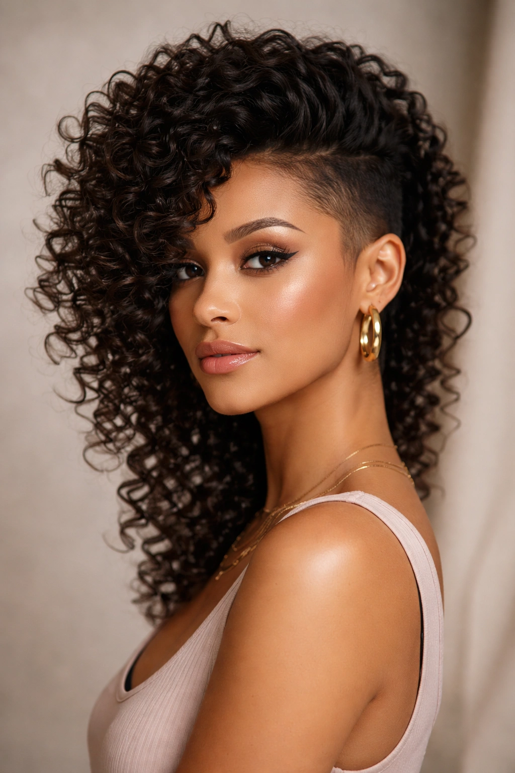 Portrait of woman with side-swept curls forming a mohawk and ringlets.