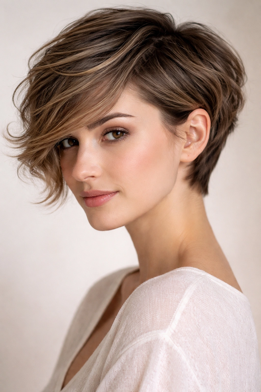 10 Wavy Pixie Cuts That Almost Style Themselves 3 Close-up of a soft side-swept pixie with waves across the face