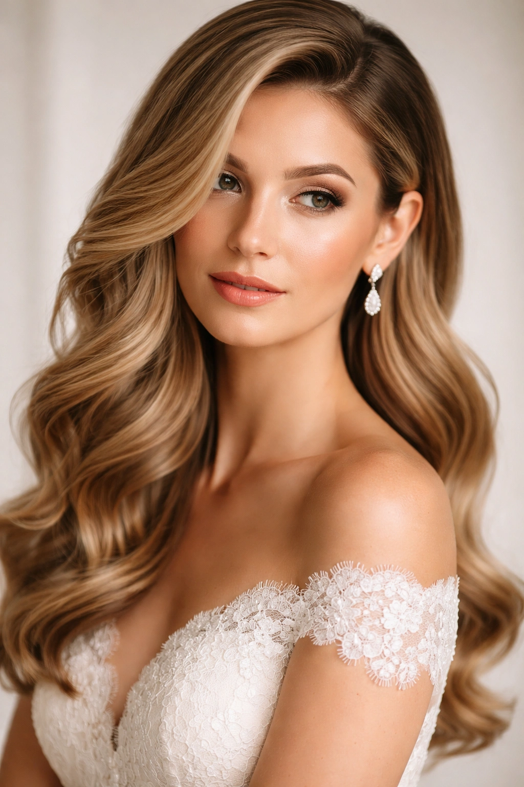 Close-up of soft side waves with a dramatic side part on a bridal hairstyle