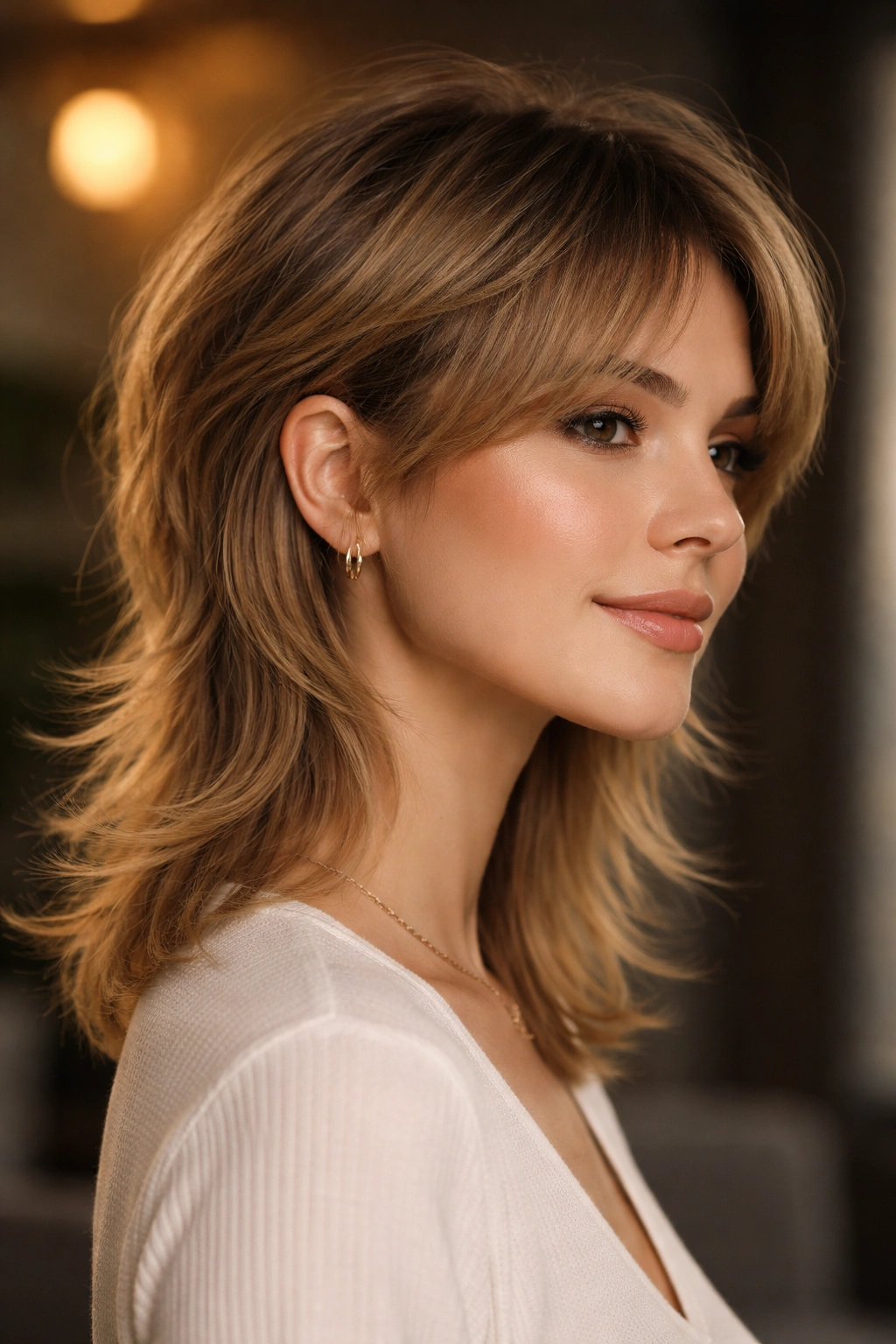 Portrait of a woman with soft sided mullet featuring longer sides and blended transition to back