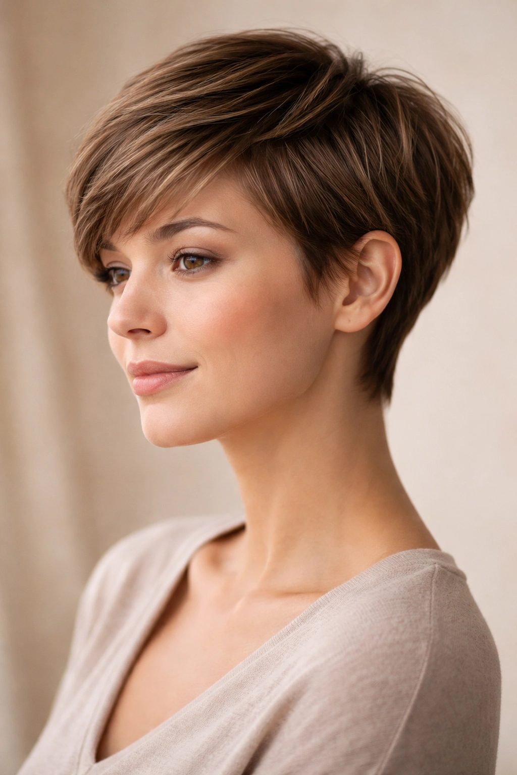 Three-quarter view of a soft tapered cut with gradual length from top to sides.