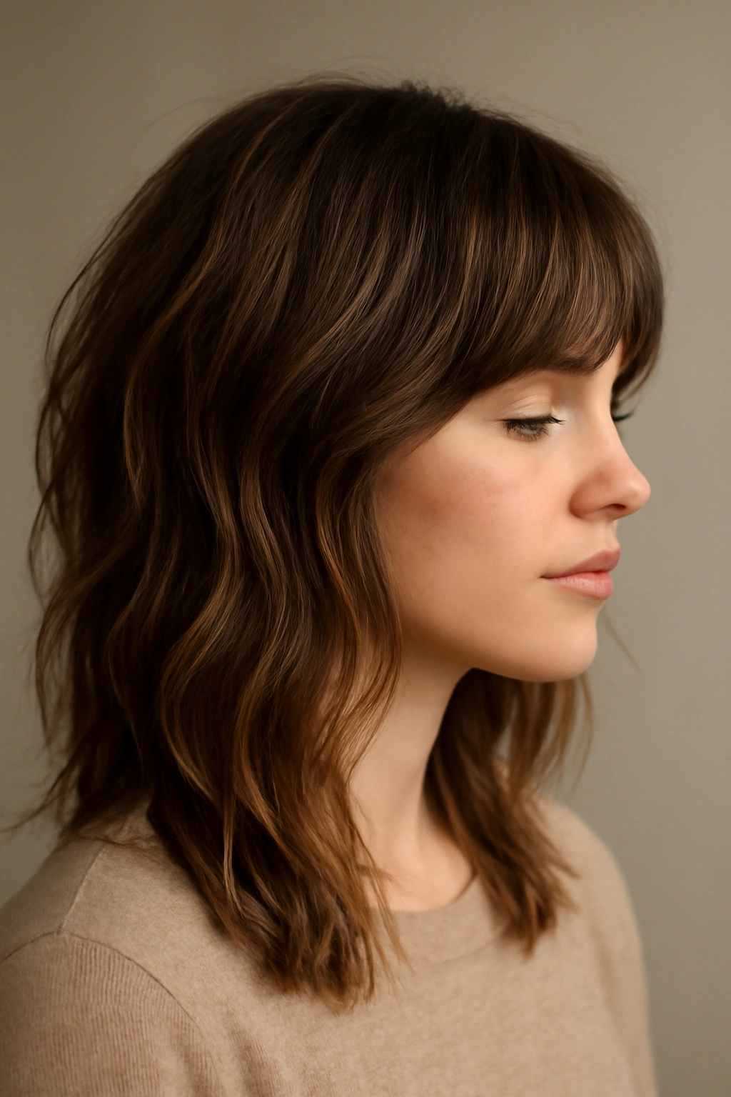 Side-profile of person with soft textured bangs and layered waves