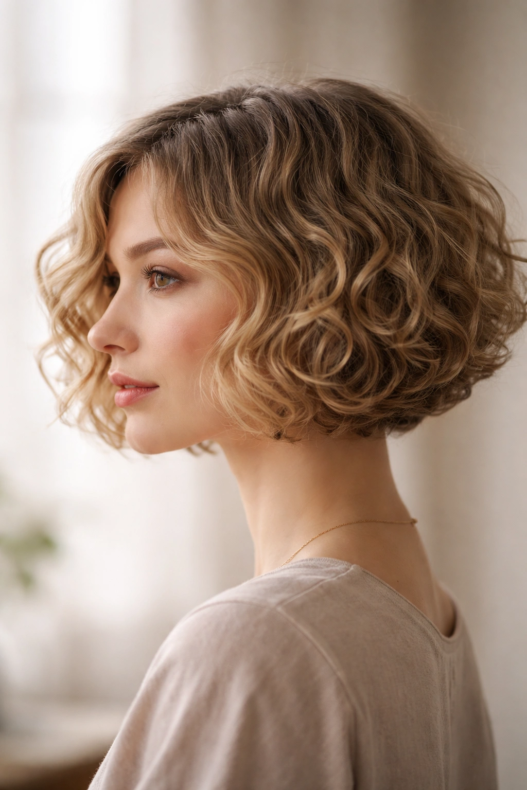 15 Short Bob Styles Sorted By Hair Texture 14 Profile close-up of fine, curly hair with a soft textured chin-length bob showing subtle layers.