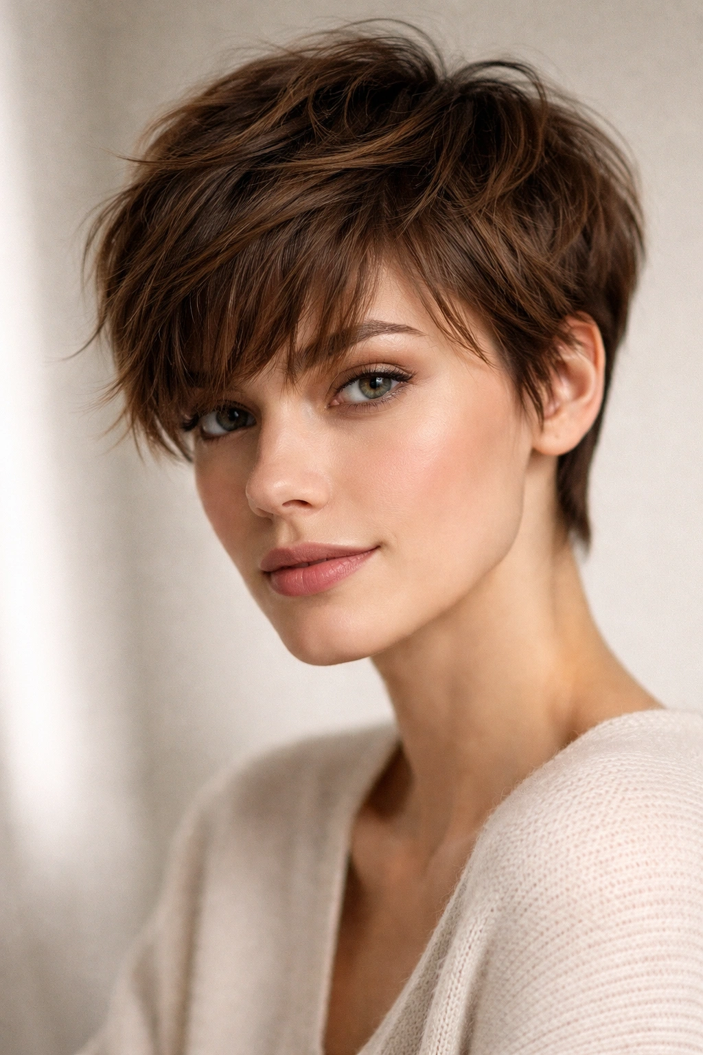 Soft textured pixie with long fringe catching light.