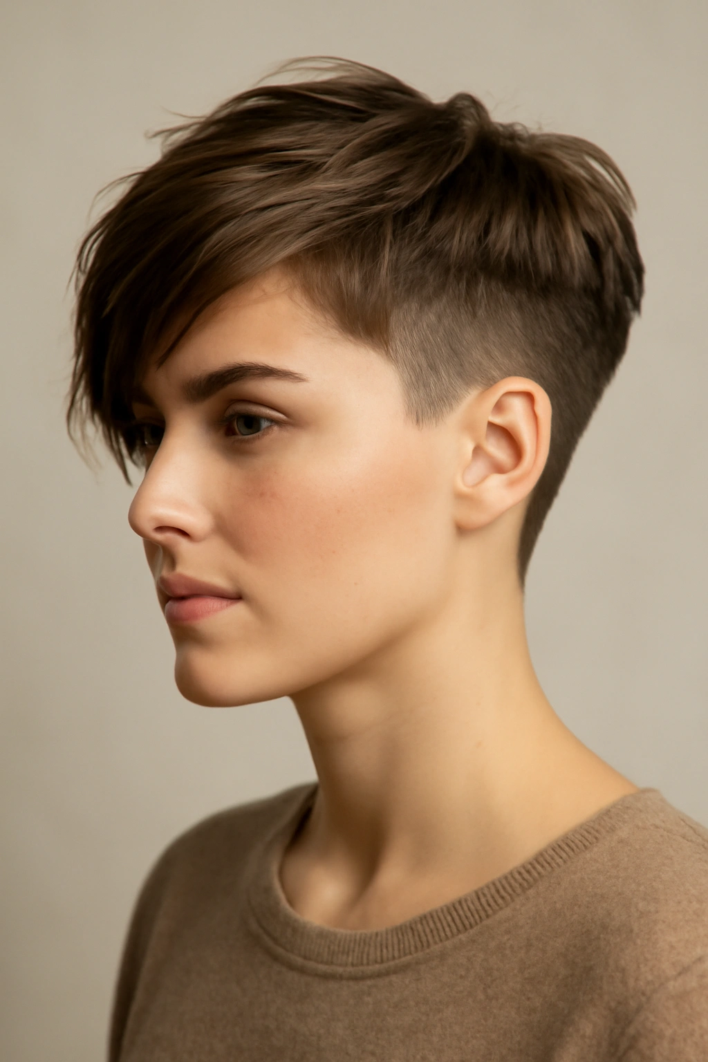 Model displaying a soft undercut with longer top layers and hidden underneath cut