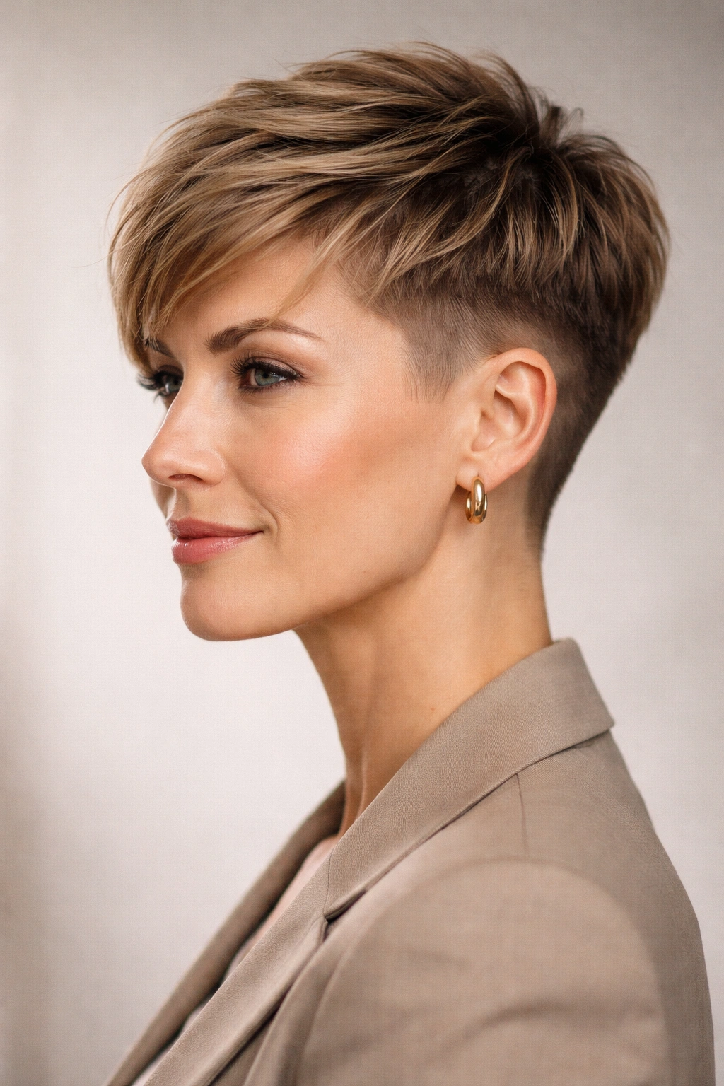 Portrait of a woman with The Soft Undercut Pixie showing a gentle fade and textured top.