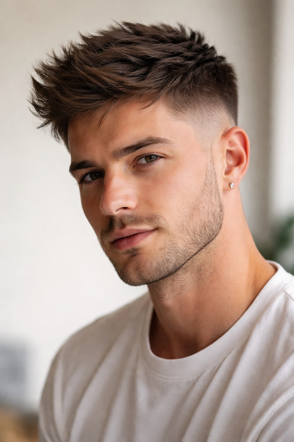 Soft undercut hairstyle with textured top on model against a plain studio backdrop